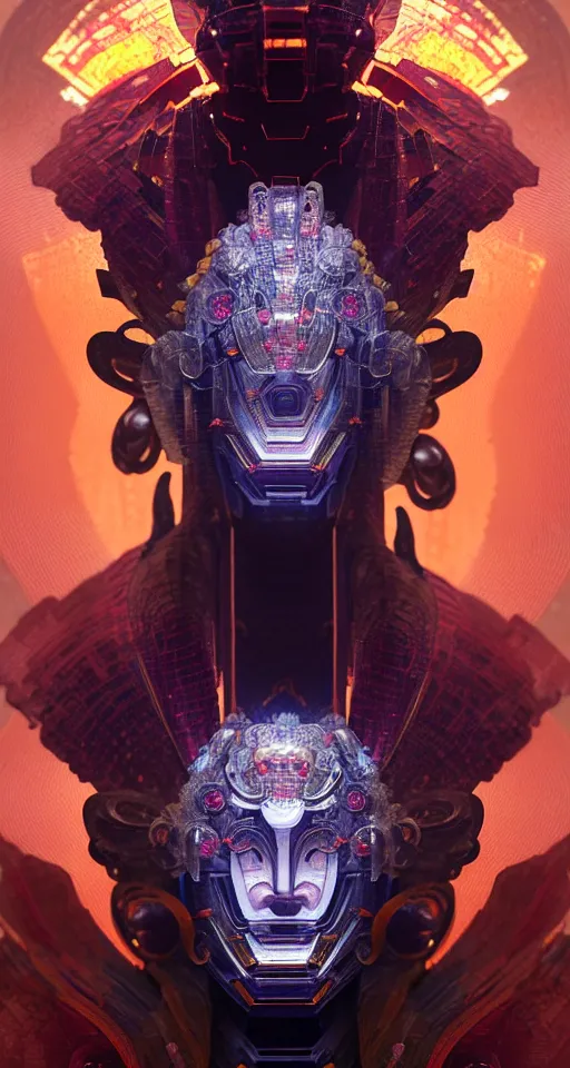 Image similar to asura from chinese myth, ghost, gorgeous and huge head ornaments, dystopian, cyberpunk, organic fractal mycelum and fungi, mecha, halfturn portrait of a big crystal face made of crystals half - turn, ominous, intricate, studio, art by anthony macbain + greg rutkowski + alphonse mucha, concept art, 4 k, sharp focus