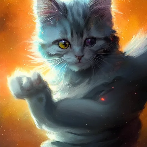 Image similar to cartoonish kitten wearing a wizard cat and a fake beard floating in space, bright stars, anime, a fantasy digital painting by Greg Rutkowski and James Gurney, trending on Artstation, highly detailed