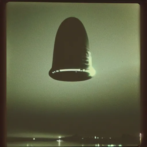 Image similar to photo of a ufo flying over a first at night, grainy photo, old polaroid,