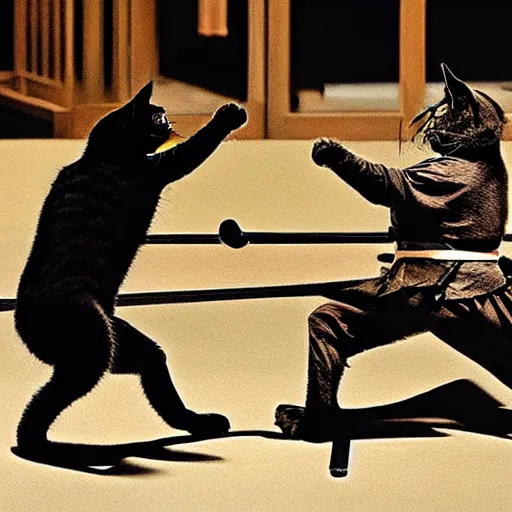 Image similar to cats fighting like samurai