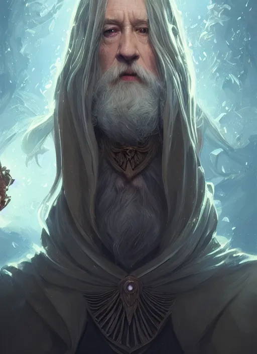 Image similar to dumbledore, d & d, fantasy, intricate, elegant, highly detailed, digital painting, artstation, concept art, matte, sharp focus, illustration, hearthstone, art by artgerm and greg rutkowski and alphonse mucha