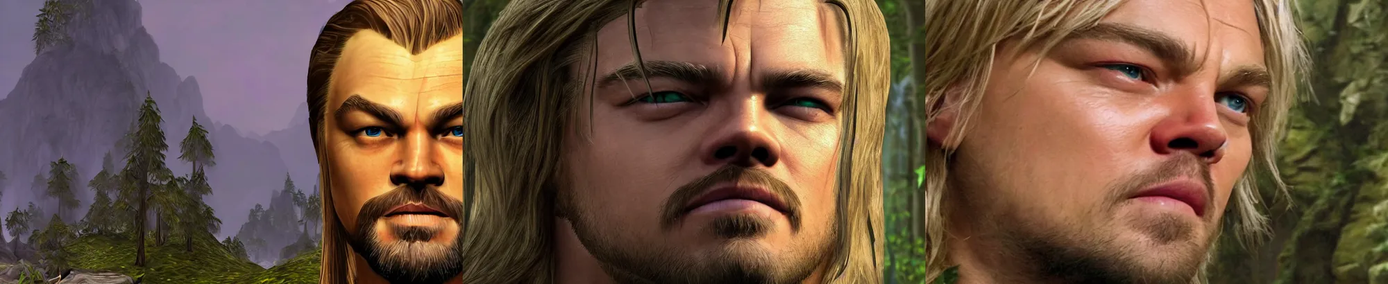 Prompt: close up of alone leonardo dicaprio with blonde hair with fringe sleeping inside world of warcraft elwynn forest, pc screen image.