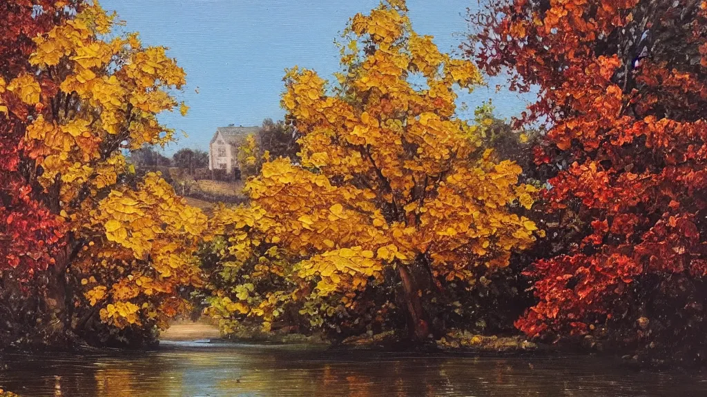 Prompt: A beautiful oil painting of a single tree, the tree is in the rule of thirds, a family is under the tree having a picnic, the kids are playing in the river and the dog is running through the river splashing the water, the fall has arrived and the leafs started to become golden and red, the river is flowing its way, the river has lots of dark grey rocks, oil painting by Greg Rutkowski