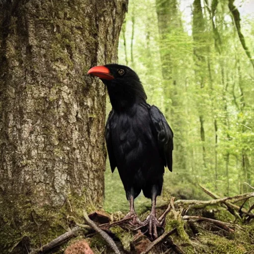 Prompt: !!! chimera consisting of male human and crow, photograph captured in a forest