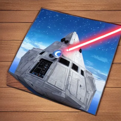 Image similar to star wars space fight star destroyer photo realistic giant Mickey Mouse with a lightsaber