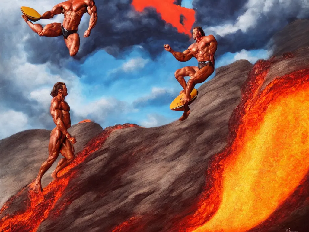 Image similar to detailed portrait of an arnold schwarzenegger surfing on lava by boris vallejo, volcano eruption on the background, stunning scene, 8 k, digital painting, hyperrealism, bright colors, trending on artstation