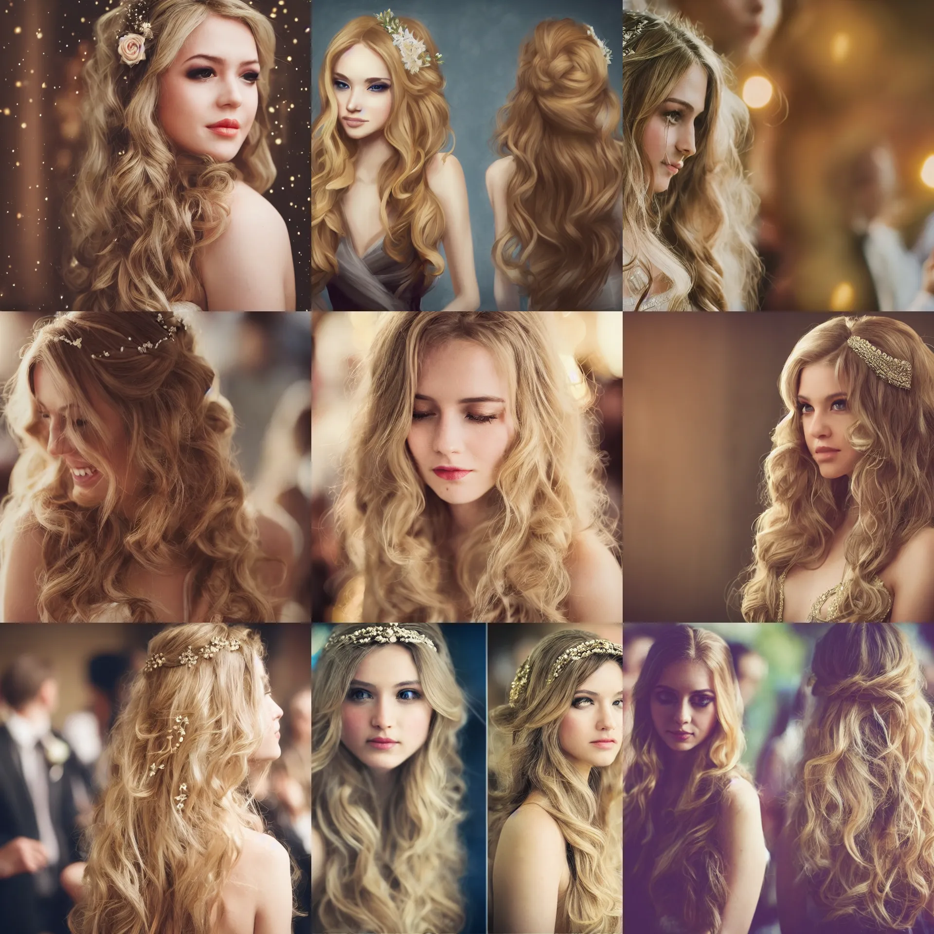 Prompt: a beauty with blonde wavy long hair attending weddings become the focus of the audience, bokeh, artstation