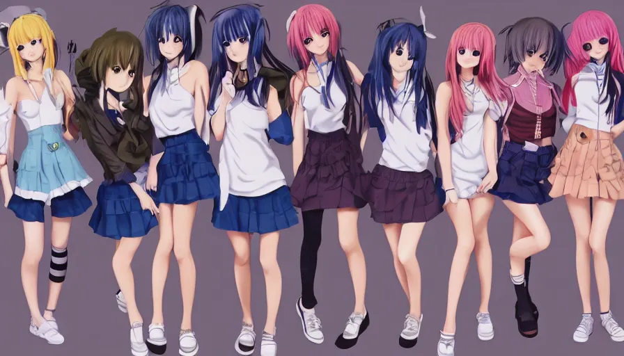 Image similar to group of cute anime characters in very short miniskirts, lightly dressed, ultra detailed digital art, hyper real, detailed, group photo, ultra detailed, ground up angle