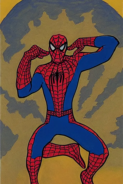 Image similar to spiderman, marvel, artwork by nicholas roerich