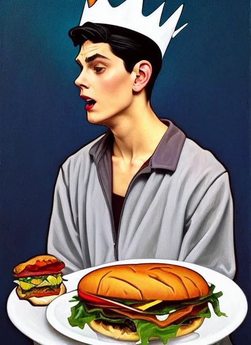 Prompt: oil painting, jughead jones wears a light grey crown, and devours a hamburger, intricate, elegant, highly detailed, lighting, painting, artstation, smooth, illustration, art by greg rutowski and alphonse mucha