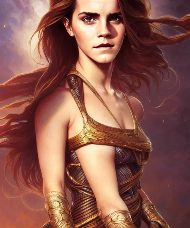 Image similar to Emma Watson as a dune princess, sci-fi, amber eyes, face, long hair, fantasy, intricate, elegant, highly detailed, digital painting, artstation, concept art, smooth, sharp focus, illustration, art by artgerm and greg rutkowski and alphonse mucha