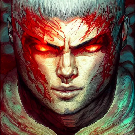 Image similar to portrait of guts from berserk submerged in red water, extremely detailed, made by wlop, maxwell boas, Sakimi chan and Anato Finnstark