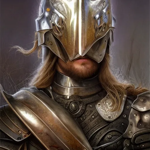 Image similar to portrait, handsome long - haired male fantasy paladin in shining armor on an armored horse, blond, rpg game, stern expression, main character, detailed, digital painting, artstation, sharp focus, illustration, artgerm, tomasz alen kopera, peter mohrbacher, donato giancola, joseph christian leyendecker, wlop, frank frazetta