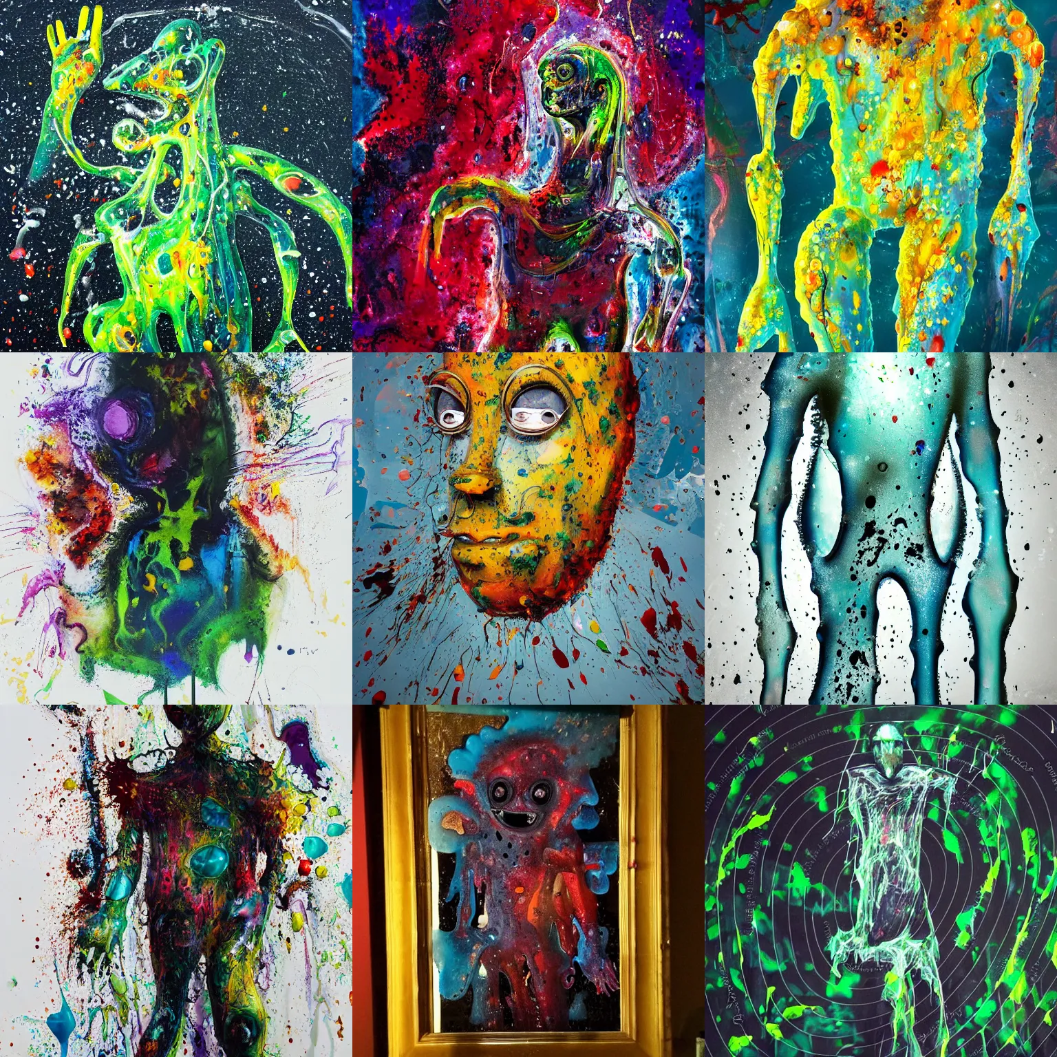 Prompt: stunning, breathtaking, awe - inspiring award - winning biomorphic anthropomorpic transparent gelatinous humanoid character abstract expressionist splatter painting, extremely moody lighting