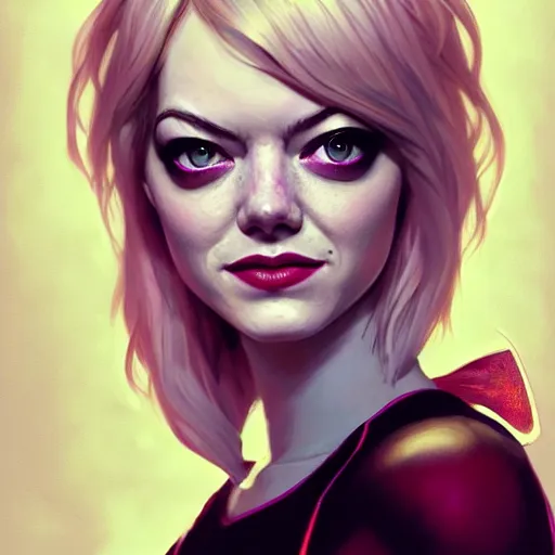 Image similar to beautiful Emma Stone as Spider-Gwen, western, closeup, D&D, fantasy, intricate, elegant, highly detailed, digital painting, artstation, concept art, matte, sharp focus, illustration, art by Artgerm and Greg Rutkowski and Alphonse Mucha