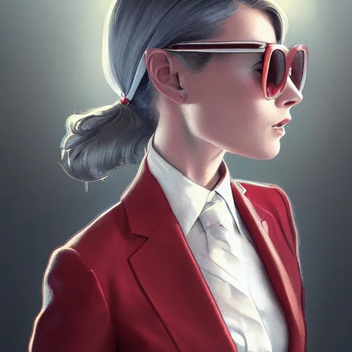 Prompt: a girl wearing a business suit, grey hair, red necktie, sunglasses, cinematic, stunning, highly detailed, digital painting, artstation, smooth, hard focus, abstract background, illustration, art by artgerm and greg rutkowski and alphonse mucha