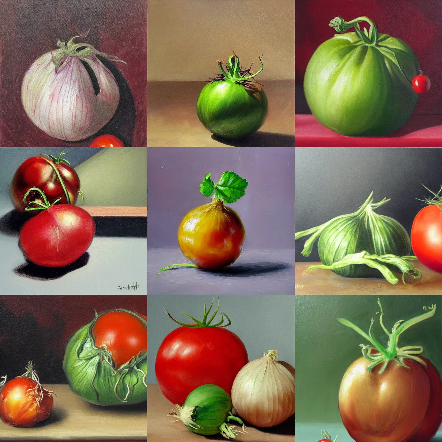 Prompt: tomato growing inside an onion growing inside a blackberry, realistic, oil painting, still life