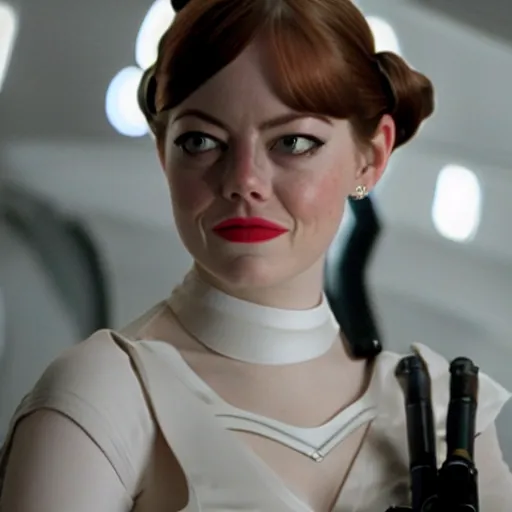 Image similar to Emma Stone as Princess Leia from Star Wars, movie scene