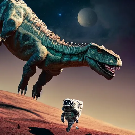 Prompt: A hyper real comic book style portait painting of an atronaut rides a dinosaur on the moon, unreal 5, hyperrealistic, octane render, cosplay, RPG portrait, dynamic lighting