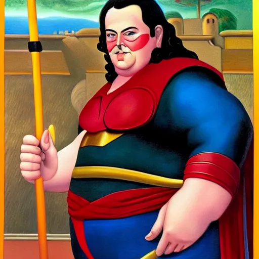 Image similar to Fernando Botero painting of MCU's Loki with his mighty staff, high definition art, extremely detailed