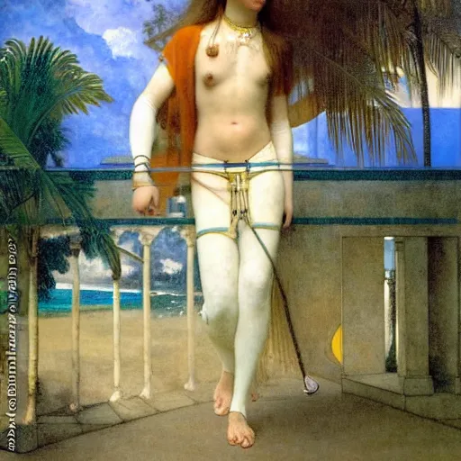 Image similar to Girl riding a horse leaving the palace through the bridge, thunderstorm, pool, beach and palm trees on the background major arcana sky, by paul delaroche, alphonse mucha and arnold böcklin arnold böcklin hyperrealistic 8k, very detailed