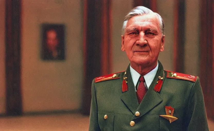 Image similar to 50s movie still close-up portrait of an elder soviet general in a empty stalinist hall, by David Bailey, Cinestill 800t 50mm eastmancolor, heavy grainy picture, very detailed, high quality, 4k, HD criterion, precise texture and facial expression