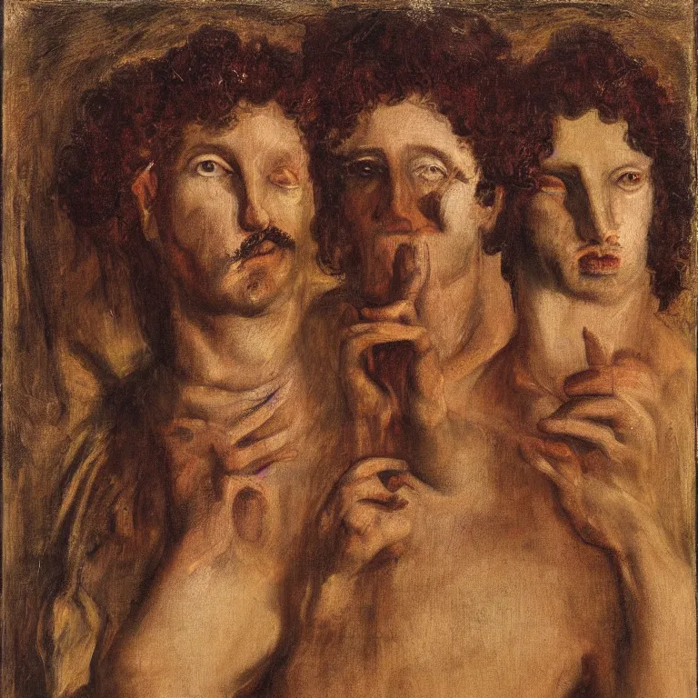 Image similar to portrait, headshot, of Dionysus, the Greek god of wine, heartbroken by 20th-century artist Francis Bacon triptych , high detail