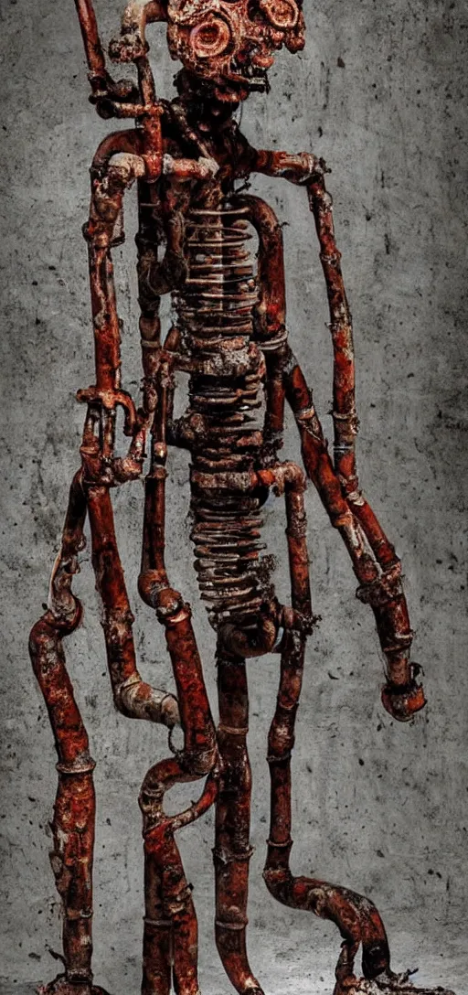 Prompt: a disfigured humanoid figure made out of rusty pipes and machinery, horror, body horror, creepy, dark, disturbing, unsettling, hyperrealistic, dramatic,