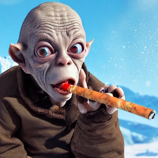 Prompt: Gollum on snowboard with cigarette in mouth, ultra realistic, 8k , beautiful eyes, high detailed