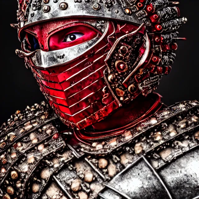 Image similar to photo of a warrior with ruby encrusted armour highly detailed 8 k hdr smooth sharp focus high resolution award - winning photo dslr 5 0 mm