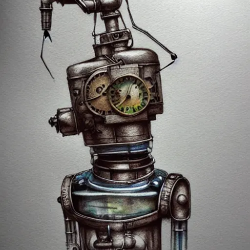 Prompt: hyper realistic pencil drawing of a steampunk robot waving, water color, full portrait, detailed, rim light, diffused, intricate, by anna dittmann,