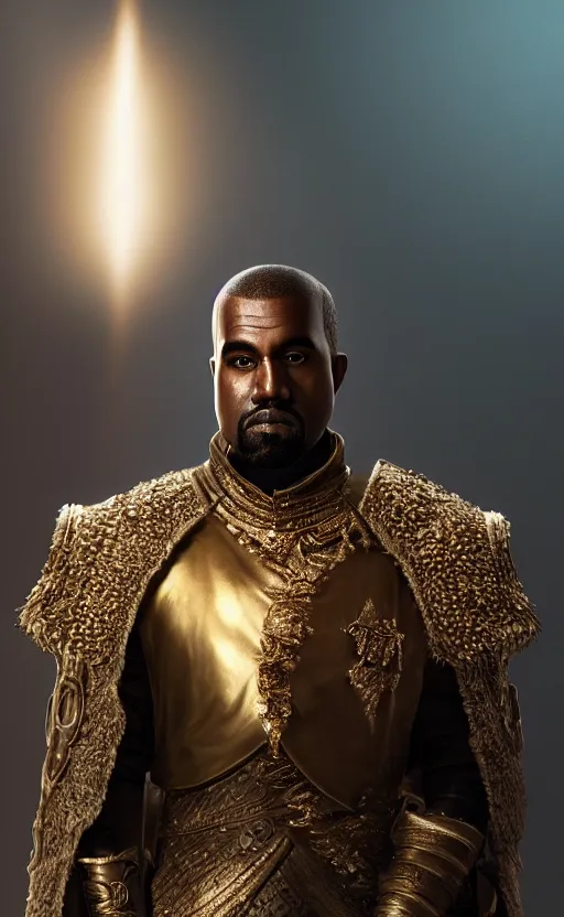 Image similar to Portrait of Kanye West as Emperor Napoleon in Skyrim, splash art, movie still, cinematic lighting, dramatic, octane render, long lens, shallow depth of field, bokeh, anamorphic lens flare, 8k, hyper detailed, 35mm film grain