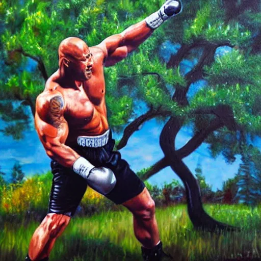 Prompt: Dwayne Johnson punching a tree, oil painting