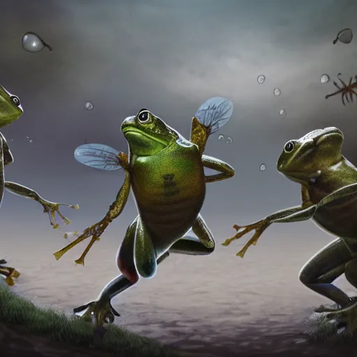 Prompt: the council of armored frogs betrays a fly, wide scene, foreboding, professional digital painting, 4k