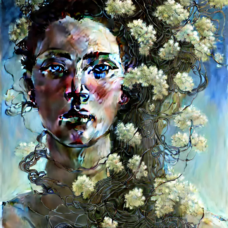 Image similar to hyperrealist realistic wonderful face portrait of a 2 0 4 4 space sport engineer, it is decorated with long wires and white flowers that fall like vines and wears a huge computer crown. by jeremy mann and alphonse mucha, fantasy art, photo realistic, dynamic lighting, artstation, poster, volumetric lighting, very detailed faces, 4 k, award winning