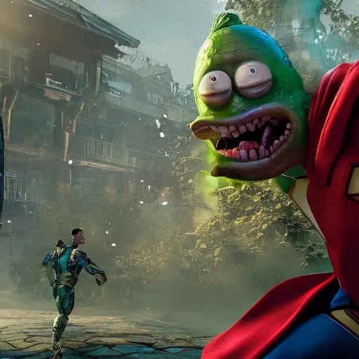 Image similar to pickle rick as superman flying in ( gears of war ), splash art, movie still, detailed face, photorealistic facial features, cinematic lighting, dramatic, octane render, long lens, shallow depth of field, bokeh, anamorphic lens flare, 8 k, hyper detailed, 3 5 mm film grain