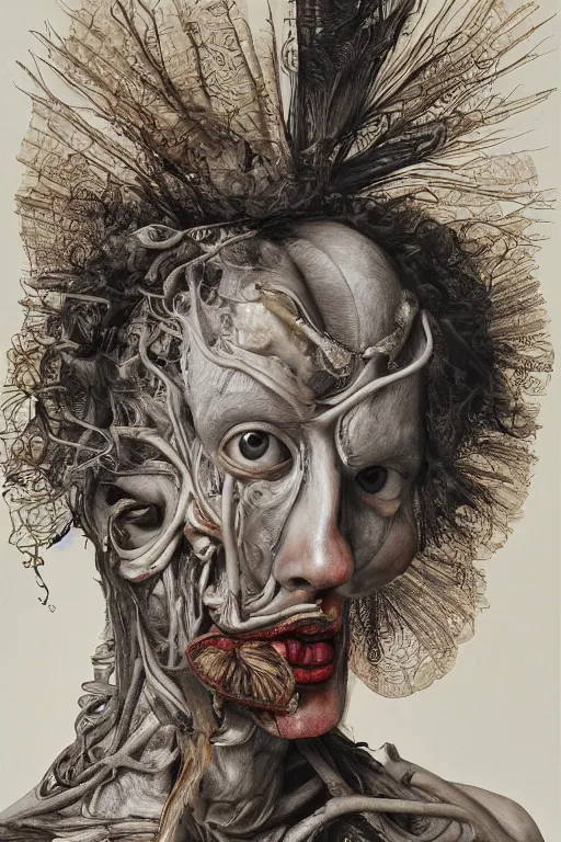 Prompt: Detailed maximalist portrait of a greek god with large lips and eyes, scared expression, botanical skeletal with extra flesh, HD mixed media, 3D collage, highly detailed and intricate, surreal illustration in the style of Jenny Saville, dark art, baroque, centred in image