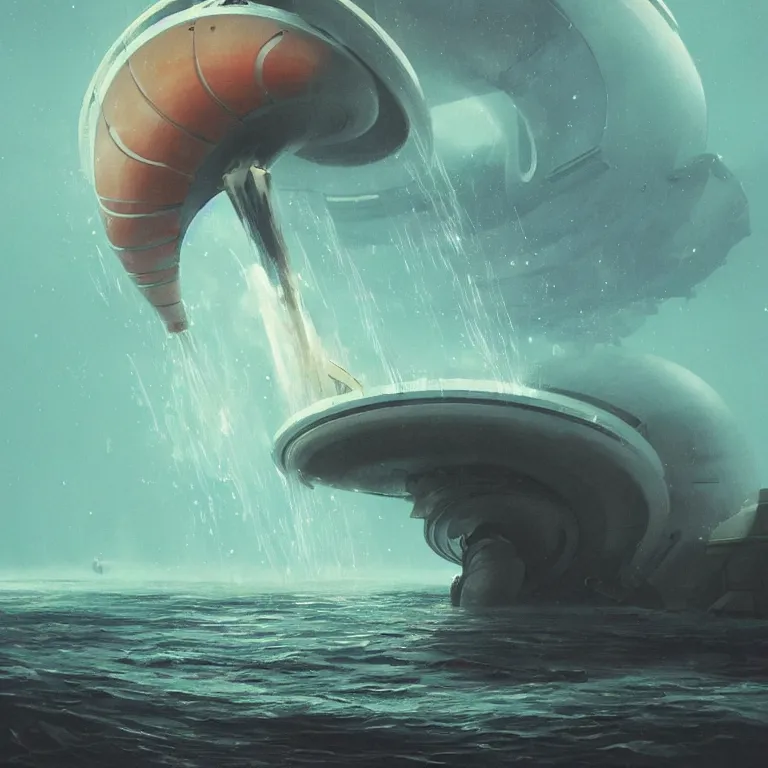 Prompt: mechanical spaceship nautilus dripping wet emerging from a the ocean, launching to space, big booster rocket engines, sci - fi concept art, by john harris, by simon stalenhag, stunning, award winning