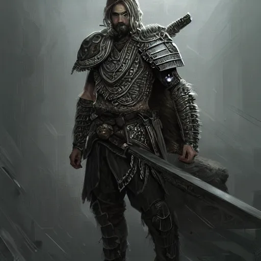 Image similar to beautiful extremely detailed intricate concept art depicting a male warrior by wlop. shining jewelry. grey atmosphere. bcy. net