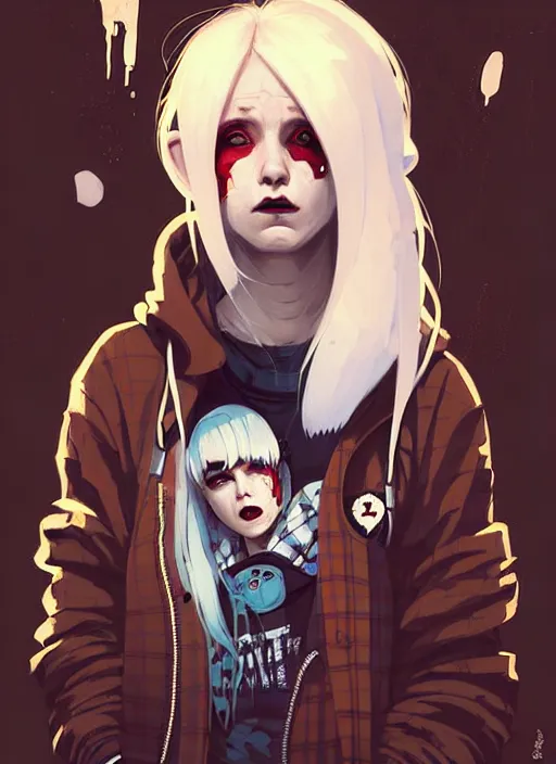 Image similar to highly detailed portrait of a sewer punk canadian lady, tartan hoody, white hair by atey ghailan, by greg rutkowski, by greg tocchini, by james gilleard, by joe fenton, by kaethe butcher, gradient red, brown, blonde cream and white color scheme, grunge aesthetic!!! ( ( graffiti tag wall background ) )