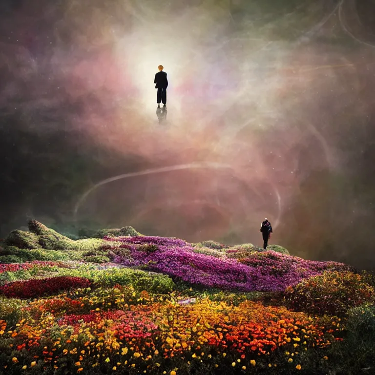 Image similar to a planet of various flowers, fungus and plants, in which the singular human figure is dressed in something magical and impressive, inside the picture is infinity, sunset light, Atmospheric phenomenon, artistic photography, muted colors, conceptual, long exposure outside the city, volumetric light