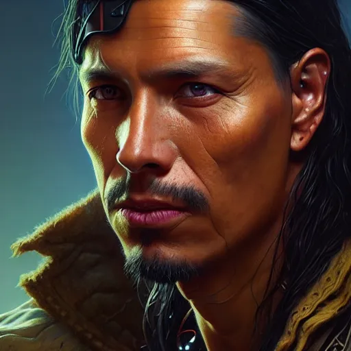 Image similar to portrait painting of a cyberpunk decker native american man, ultra realistic, concept art, intricate details, eerie, highly detailed, photorealistic, octane render, 8 k, unreal engine. art by artgerm and greg rutkowski and charlie bowater and magali villeneuve and alphonse mucha