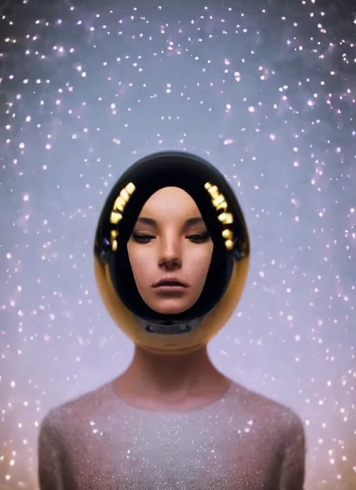 Prompt: photograph portrait of a very pretty!!! woman! symmetric face, petzval lens. out of focus, look at the camera!!!!. amazing elegant black and gold astronaut body costume!!!! futuristic helmet, led lights reflections. space. by alesio albi and george lucas and stanley kubrick