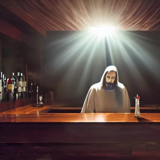 Image similar to a still of jesus sitting down on a stool at the bar, last call. it's dark and smoky. god rays through fog.