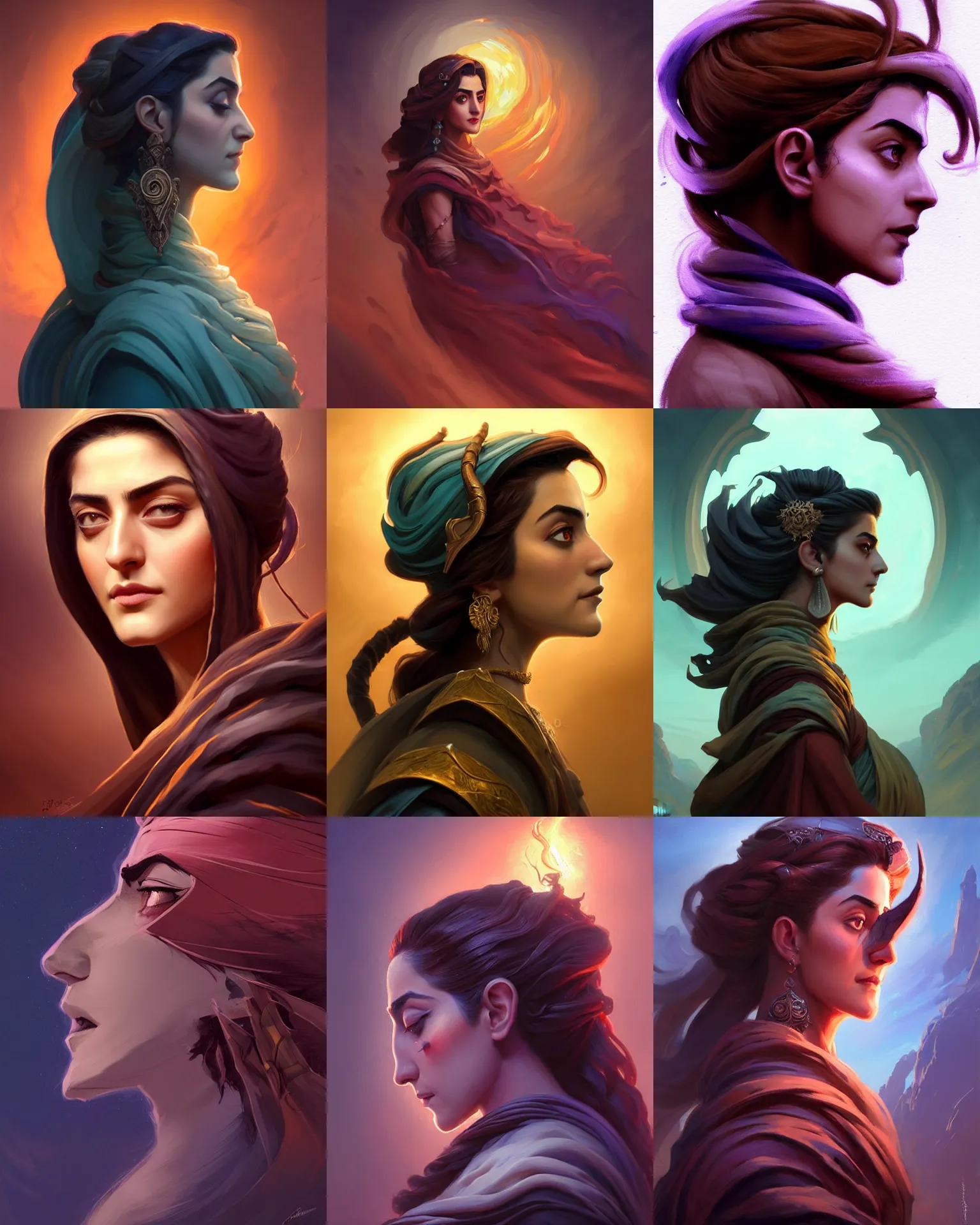 Prompt: side profile centered painted portrait, Maya Ali as a wind sorcerer, just one head, Gloomhaven, D&D, cell-shaded, matte painting concept art, beautifully backlit, official fanart, 8k, HDR, Trending on artstation, Behance, Art Nouveau, vivid prismatic colours, by Jesper Ejsing and RHADS and Makoto Shinkai and Lois van baarle and ilya kuvshinov and rossdraws and Cushart Krentz and Gilleard James