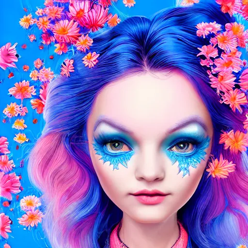 Prompt: an intelligent young women with blue hair lookingat the camera, she has a beautiful unconventional face, she is surrounded by an explosion of flowers in neon pink and blue intricate, elegant, highly detailed, digital painting, artstation, concept art, pop, smooth, sharp focus, illustration, art by mark ryden and gaston bussiere 3 d 8 k ultra detailed