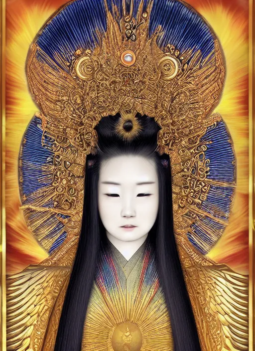 Image similar to hyper realistic portrait photo of ameterasu the sun goddess of japan, portrait shot, intricate detail