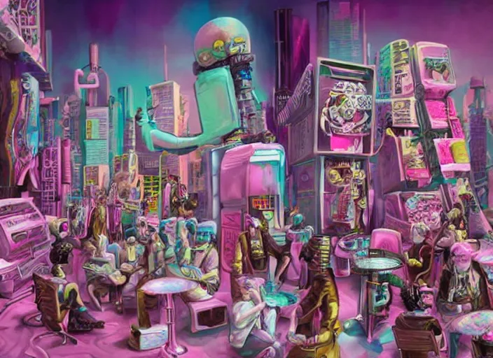 Image similar to a cyberpunk jazz band made of ice creams, lowbrow, matte painting, 3 - d highly detailed, in the style of mark ryden,