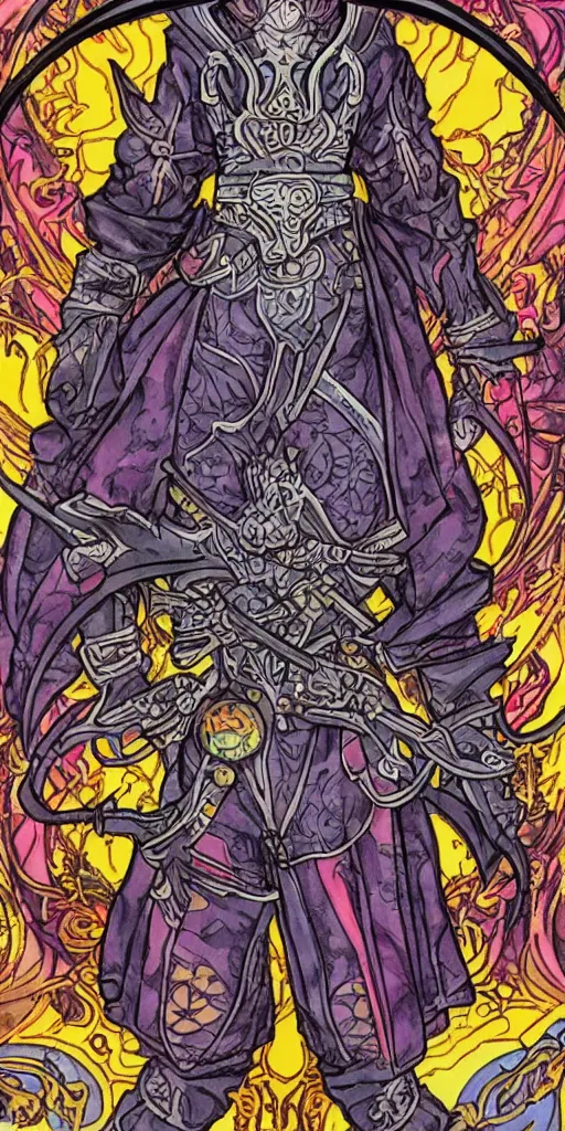 Image similar to a ninja from final fantasy 14, intricate, amazing line work, cosmic, psychedelic, cheerful, colorful, tarot cards, the devil tarot card