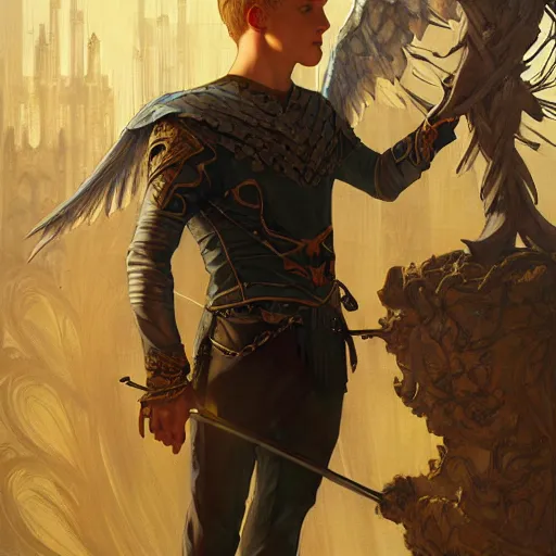 Image similar to an epic fantasy comic book style portrait painting of a young blonde boy wearing plain thief clothes, confident, d & d, fantasy, intricate, elegant, highly detailed, digital painting, artstation, concept art, matte, sharp focus, illustration, art by artgerm and greg rutkowski and alphonse mucha